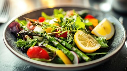 Poster - Vibrant asparagus salad garnished with fresh lemon wedges and mixed greens in a stylish bowl on a rustic table setting