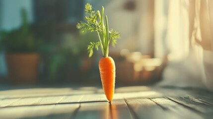 Poster - Fresh organic carrot with green tops illuminated by natural light on a rustic wooden table in a cozy indoor setting