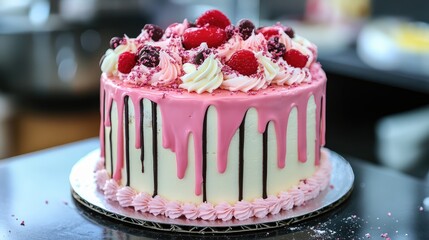 Aufkleber - Delicious raspberry topped cake with pink frosting and chocolate drip showcasing bakery treats ready for sale and celebration.
