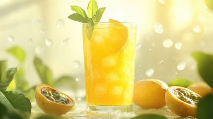 Poster - Iced passion fruit juice with mint in a refreshing glass surrounded by fresh fruits and greenery for a healthy drink aesthetic.