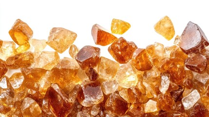 Poster - Golden amber stones scattered on a white background showcasing their natural texture and color variations for decorative use