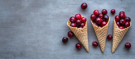 Aufkleber - Cranberries in waffle cones on textured grey background with ample copy space for creative designs and food-related themes