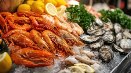 Aufkleber - Assorted Fresh Seafood Display with Shrimp Oysters and Lemons on Ice in a Vibrant Market Setting