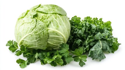 Poster - Fresh cabbage with assorted herbs arranged beautifully on a white background showcasing healthy food choices and vibrant textures