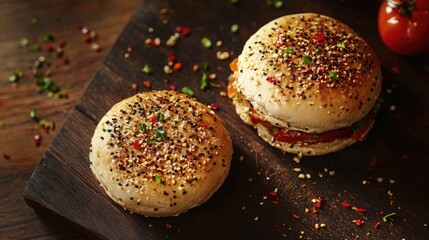 Poster - Delicious gourmet burgers topped with spices arranged on a rustic wooden board for a mouthwatering food presentation