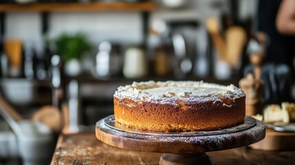 Poster - Delicious freshly baked butter cake presented on a wooden cake stand in a cozy kitchen setting