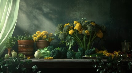 Aufkleber - Nourishing green vegetables composition with broccoli cauliflower and fresh herbs in a rustic kitchen setting with soft natural lighting
