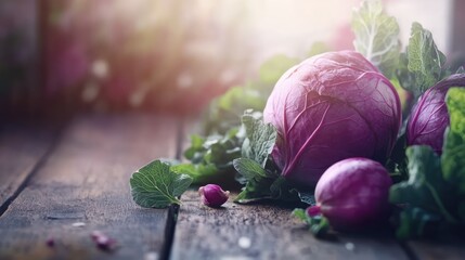Aufkleber - Fresh kohlrabi with vibrant green leaves on rustic wooden table highlighting natural textures and colors of healthy vegetables