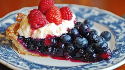 Aufkleber - Delicious berry tart with fresh blueberries strawberries and raspberries topped with whipped cream on a decorative plate