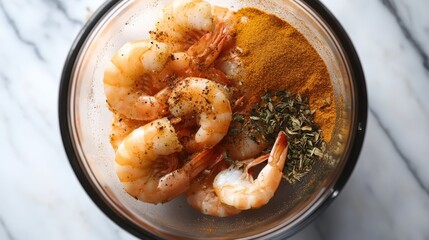 Poster - Fresh boiled shrimp seasoned with spices on a marble countertop ready for a flavorful seafood dish