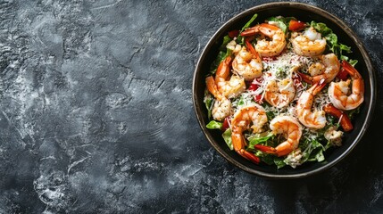 Poster - Delicious Caesar salad topped with shrimp and parmesan cheese served in a rustic bowl overhead on a textured dark background