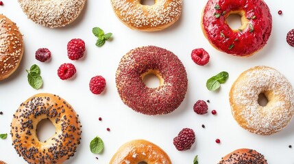 Aufkleber - assorted bagels with different toppings and garnishes arranged on a white background for a delicious food concept image