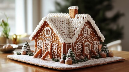 Aufkleber - Delicious gingerbread house decorated for the holidays with icing and festive elements on a wooden table in a cozy interior setting
