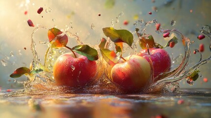 Poster - Fresh apples with unique shapes splashing in water surrounded by vibrant light creating a magical and whimsical atmosphere