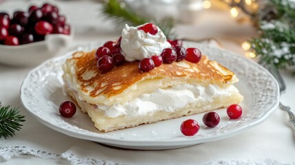 Aufkleber - Delicious pancakes topped with sour cream and cranberries elegantly presented on a white plate, perfect for a cozy breakfast.