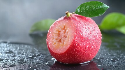 Poster - Fresh red guava with water droplets on dark surface showcasing vibrant color and texture against a blurred background.