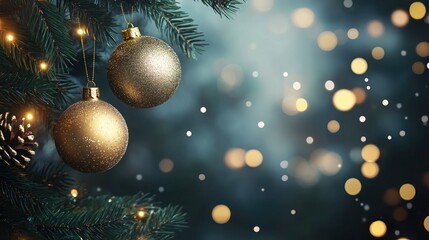 Poster - Gold Christmas baubles on a pine tree with a blurred night light background creating a festive atmosphere for text overlay and holiday designs