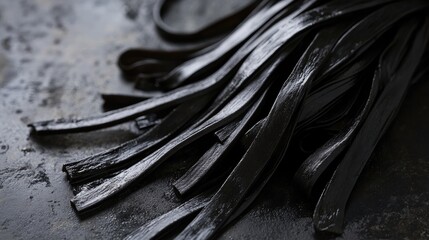 Poster - Raw black noodles on a textured surface showcasing their unique color and texture, ideal for culinary and food photography concepts.