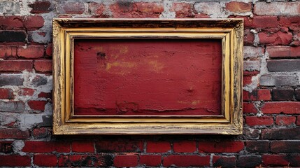 Poster - Vintage gold picture frame on a textured red brick wall contrasting rustic elements and inviting creativity for art restoration or display.
