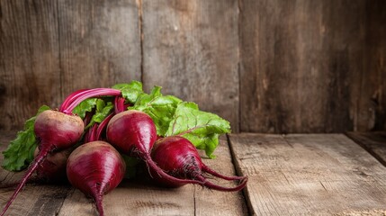 Poster - Freshly harvested beets with greens on rustic wooden table background showcasing natural farm produce and organic vegetables