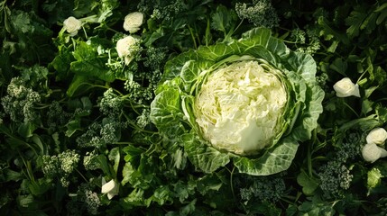 Poster - Fresh cabbage surrounded by herbs and greens in a top view composition on a dark background showcasing natural freshness and organic produce.