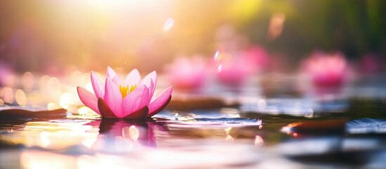 Poster - Serene water lilies reflecting sunlight in a tranquil pond natural beauty harmonious nature escape concept