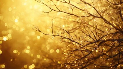 Poster - Golden bokeh background with sparkling lights and delicate tree branches creating a festive atmosphere for holiday themes