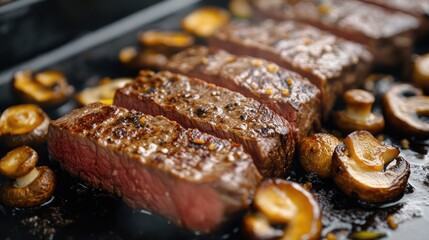 Aufkleber - Juicy grilled steak slices paired with sautÃ©ed mushrooms on a black grill surface showcasing rich textures and appetizing colors