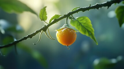 Poster - Cape gooseberry on a dewy branch showcasing its vibrant color in a natural tropical setting with soft blurred background.
