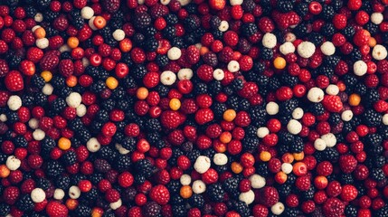 Aufkleber - Colorful assortment of fresh berries including raspberries, blackberries, and white currants scattered on a textured background