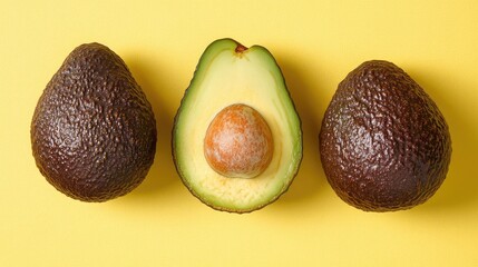 Aufkleber - Avocado in three forms whole halved with pit and sliced on vibrant yellow background showcasing freshness and versatility of this popular fruit
