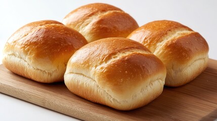 Poster - Golden brown freshly baked bread rolls on a wooden board ready for serving or use in culinary presentations