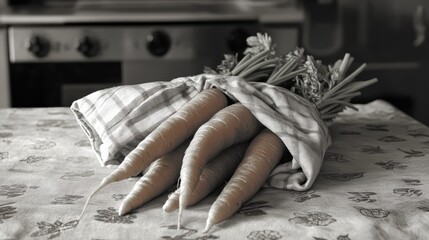 Aufkleber - Rustic fresh carrots arranged in vintage kitchen cloth on a wooden table with a cozy culinary atmosphere.