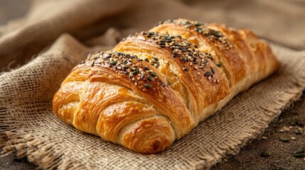Aufkleber - Freshly baked artisan croissant topped with seeds displayed on rustic burlap fabric