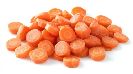 Poster - Sliced fresh carrots stacked on a white background showcasing vibrant orange color and natural texture for culinary use.