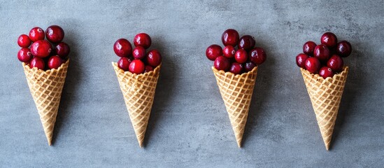 Fototapete - Cranberries in waffle cones arranged creatively on a grey background with ample copy space for text or branding purposes.