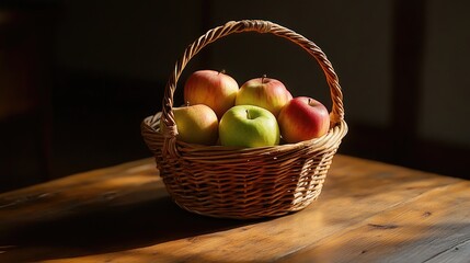 Aufkleber - Freshly harvested apples in a woven basket placed on a rustic wooden table creating a warm and inviting atmosphere
