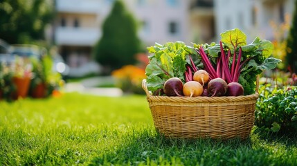 Poster - Vibrant harvest of fresh beetroots and vegetables in a rustic basket set against a lush garden backdrop with ample copy space.