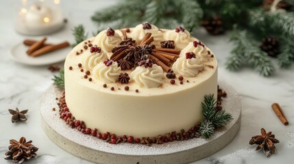 Poster - Festive homemade cake adorned with winter spices and festive decorations surrounded by green spruce branches on a marble countertop