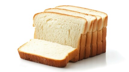Poster - Sliced loaf of fresh baked bread arranged neatly on a white background for culinary and food presentation use
