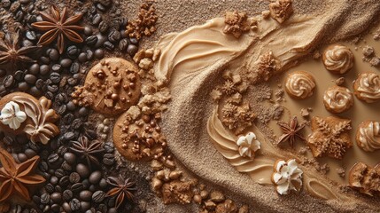 Poster - Decorative gingerbread cookies surrounded by coffee grains spices and sweet toppings on a textured surface for festive culinary appeal