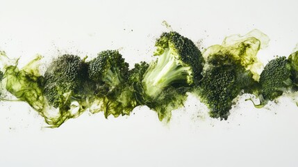 Poster - Dynamic splash of fresh broccoli pieces on a white background showcasing vibrant colors and healthy food concept.