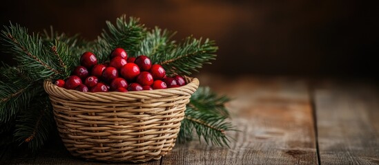 Aufkleber - Fresh cranberries in a woven basket with fir branches on rustic wooden background creating a warm festive atmosphere