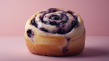 Aufkleber - Delicious blueberry cinnamon roll with cream cheese icing on a soft pink background