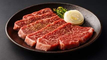 Aufkleber - Juicy marbled beef steak slices garnished with onion and herbs on a dark plate ideal for gourmet culinary presentations
