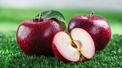 Poster - Fresh red apples on green grass background with water droplets showcasing natural freshness and vibrant colors in a healthy setting
