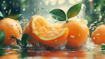 Poster - Vibrant and refreshing oranges splashing in water with green leaves enhancing the juicy appeal of fresh citrus fruits