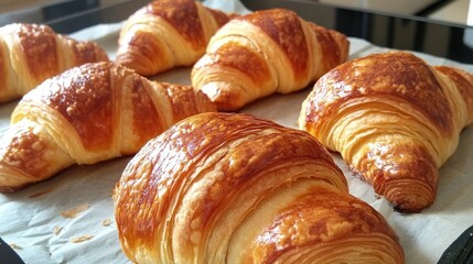Aufkleber - Delicious golden brown croissants freshly baked on parchment paper ready to be served on a ceramic plate in a modern kitchen setting