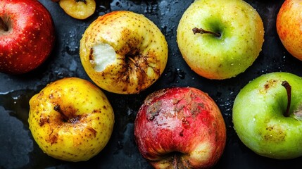 Poster - Fresh and rotten apples contrasting vividly on a dark background showcasing healthy and decayed produce together
