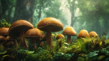 Poster - Lush forest scene featuring fresh brown mushrooms nestled among vibrant greenery and soft sunlight filtering through trees